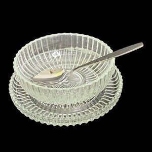 American Indiana Glass Clear Crystal Sauce Dressing Set with Stainless Server